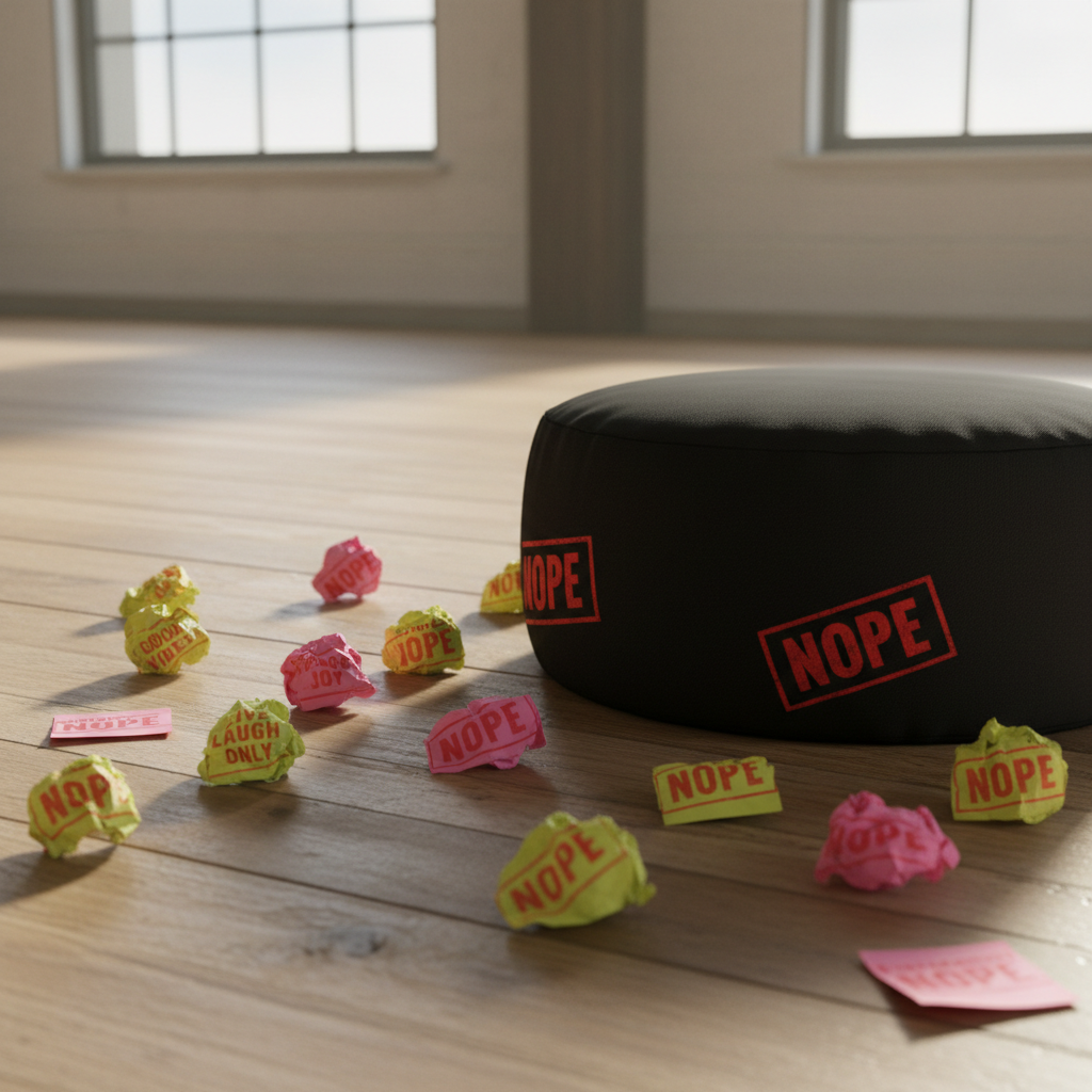 A sleek, matte-black meditation cushion sits alone in the center of a loft-style floor made of distressed light oak, surrounded not by plants and statues but by scattered, crumpled sticky notes printed with cliché affirmations, each stamped over with a bold red “NOPE.” Soft, diffused morning light filters in from tall, industrial windows out of frame, bathing the cushion in a gentle glow while the rejected notes catch subtle shadows. Photographic realism, composed using the rule of thirds with a low, slightly angled camera position that gives the cushion quiet authority. The overall mood is clean, modern, and a bit rebellious, portraying meditation as a grounded, nonsense-free practice in the midst of discarded fluff.