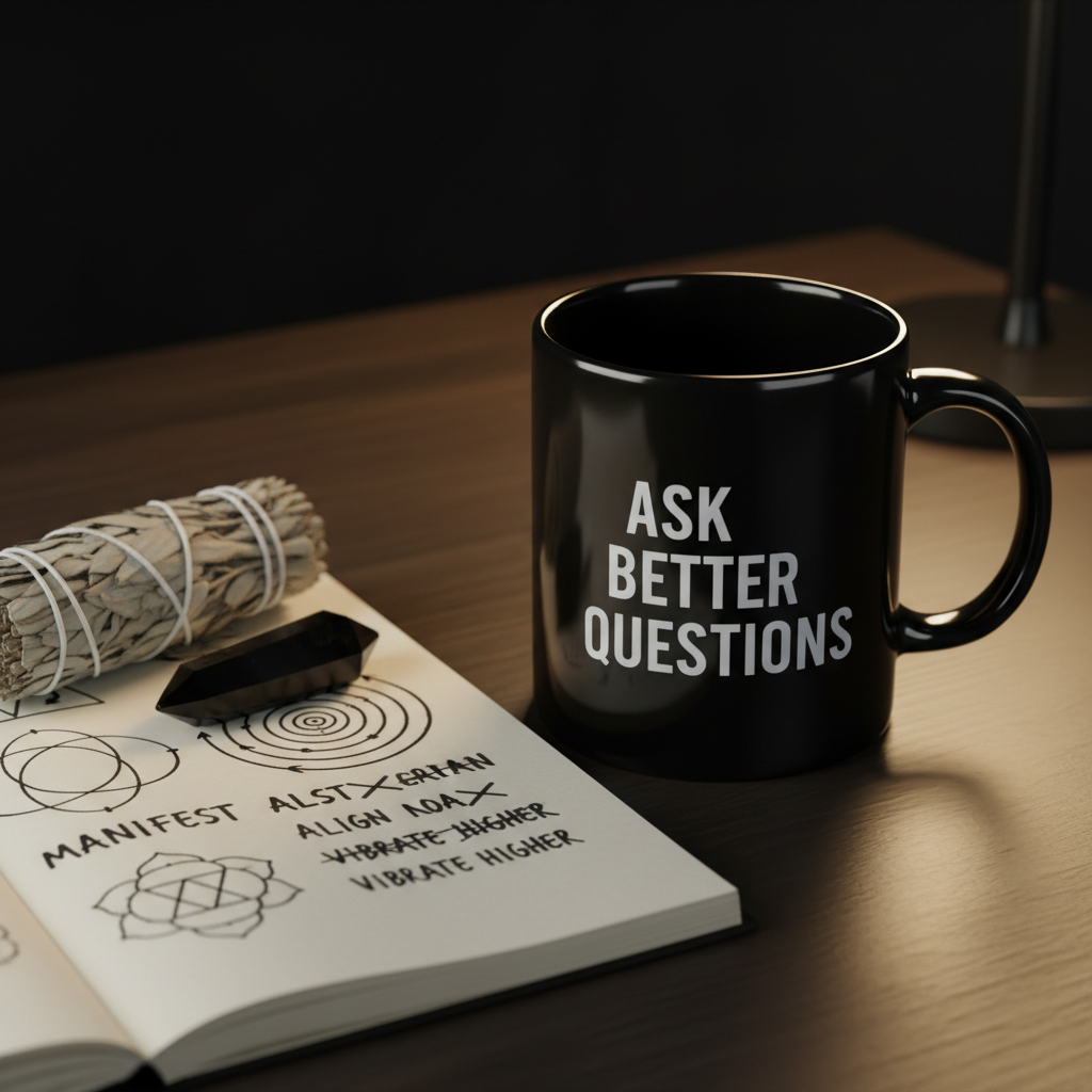 A glossy, jet-black ceramic mug emblazoned with the blunt white phrase “ASK BETTER QUESTIONS” sits on a dark wooden table beside an open, unlined notebook filled with sharp, minimalist diagrams of chakras, energy fields, and crossed-out spiritual buzzwords. A stick of unlit sage and a simple black quartz point rest nearby, intentionally placed rather than styled as decor. Warm, directional lamplight from the right creates pronounced highlights along the mug’s rim and casts long, confident shadows across the page. Photographic realism with a close, intimate framing and shallow depth of field, focusing crisply on the phrase while the diagrams blur slightly. The scene feels bold, modern, and slightly confrontational, like a workspace for serious spiritual inquiry free of sugarcoating.
