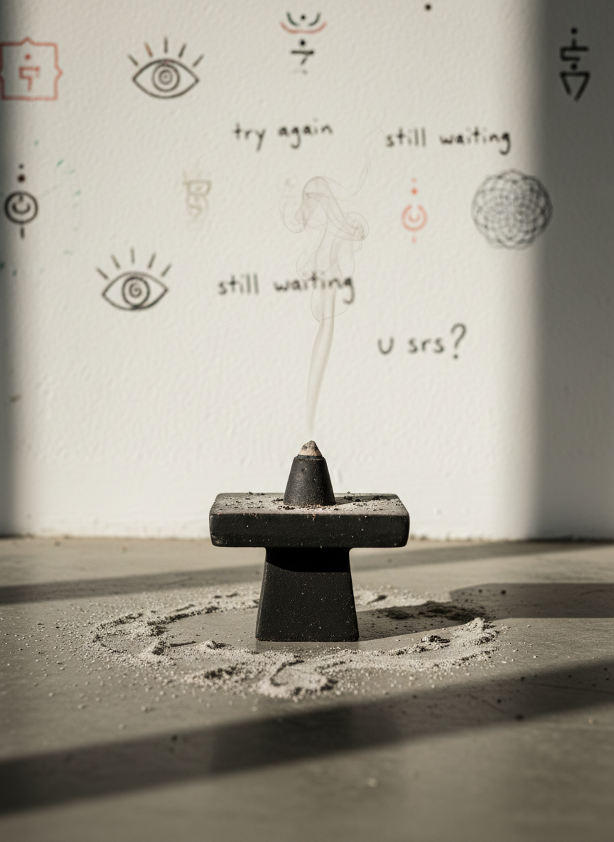 A weathered, matte-black incense burner shaped like a minimalist altar stands at the center of a rough concrete slab, ash scattered around it in deliberate imperfection. A single thin trail of smoke twists upward in front of a stark white wall scribbled with faint, half-erased spiritual symbols and sarcastic handwritten notes like “try again.” Late afternoon side light from an unseen window rakes across the scene, carving sharp shadows and highlighting the texture of ash and concrete. Photographic realism, shot at eye level with a shallow depth of field so the burner and smoke are razor sharp while the background text dissolves into soft blur. The mood is bold, irreverent, and clean, like a no-nonsense spiritual workspace stripped of all fluff.