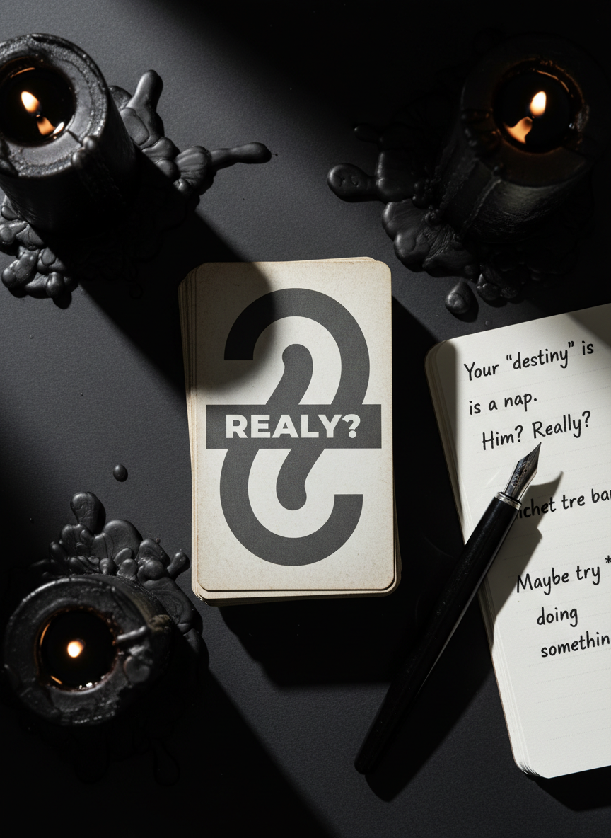 A stack of worn tarot cards lies face-up on a matte charcoal tabletop, but instead of traditional imagery, the visible card shows a bold, minimalist design and the single word “REALLY?” in stark white letters. Around the deck, there are scattered candles burned low, their wax pooled messily, alongside a black fountain pen and a small notebook filled with snarky, handwritten interpretations. A focused overhead spotlight creates dramatic chiaroscuro, throwing deep shadows and emphasizing the texture of paper, wax, and ink. Photographic realism with a centered composition and tight framing, shot from directly above. The mood is confrontational yet playful, as if calling out ego-driven questions while still honoring the symbolic power of the cards.